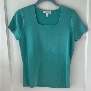 Dressbarn teal green Knit Top Square Neck Minimalist Tee retro preppy prep S